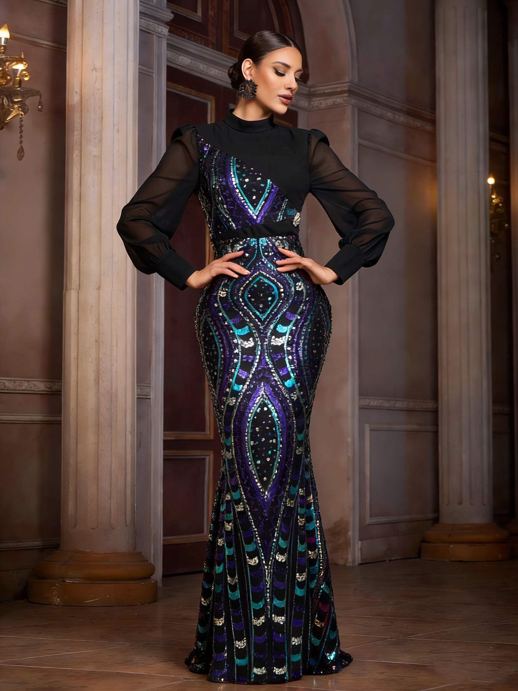 Multicolor Sequin Graphic Elegant Prom Dress SL30079