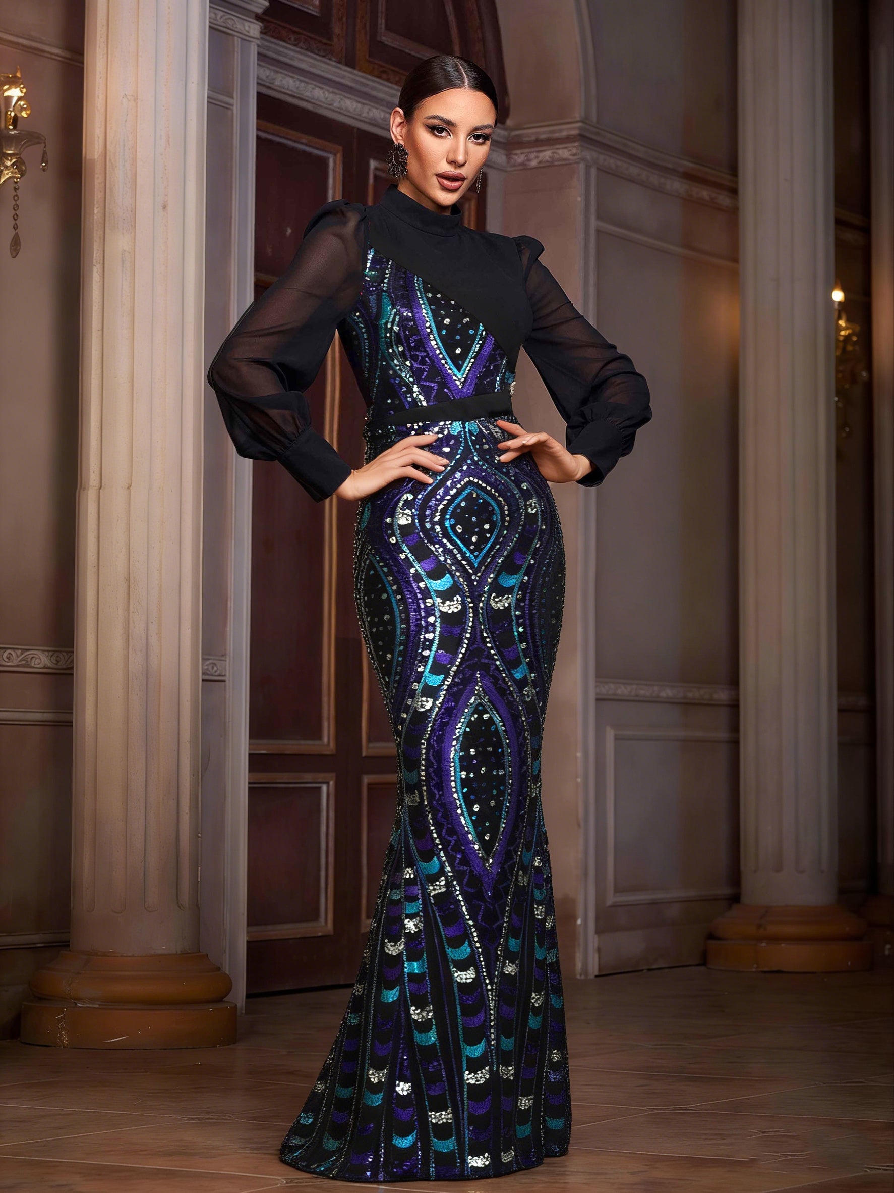 Multicolor Sequin Graphic Elegant Prom Dress SL30079