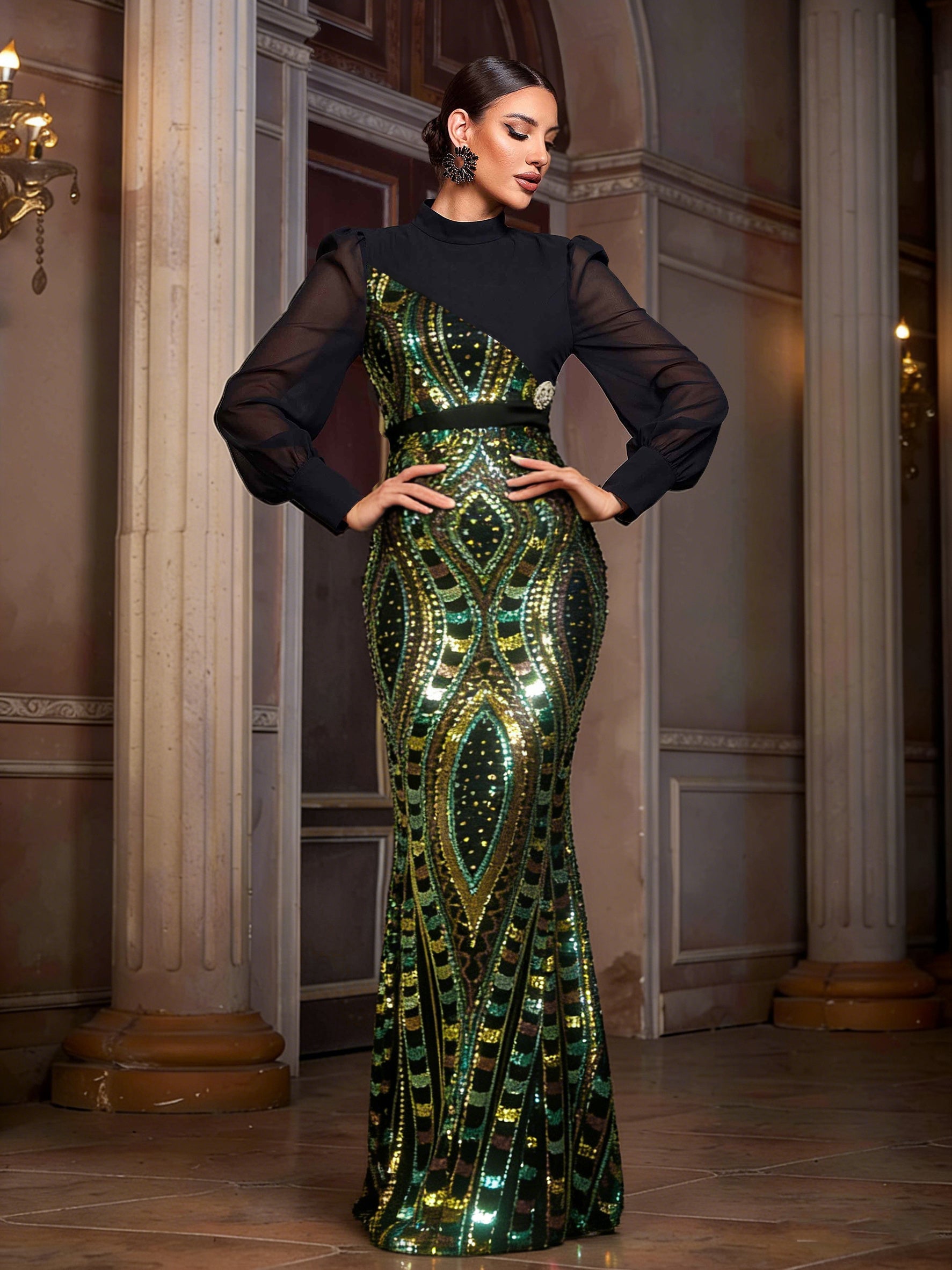 Multicolor Sequin Graphic Elegant Prom Dress SL30079