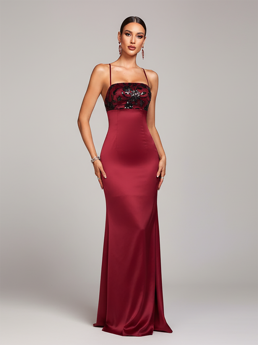 Red Panel Spaghetti Backless Prom Dress SL30106