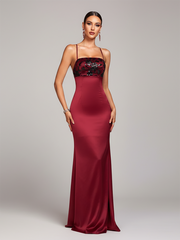 Red Panel Spaghetti Backless Prom Dress SL30106