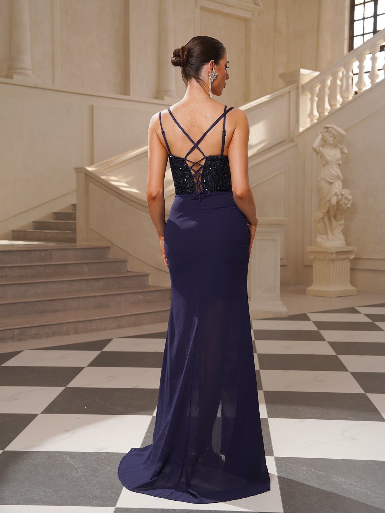 Ruched Sequin Split Backless Prom Dress SL30141