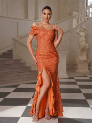 Orange Sequin One-Shoulder Ruffle Cocktail Dress SL30167