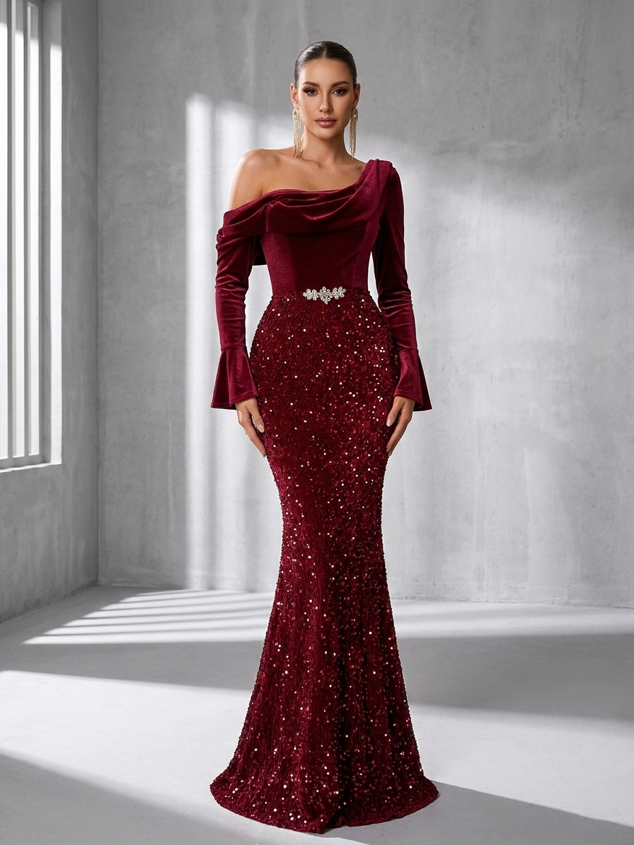Burgundy Sequin One-Shoulder Mermaid Formal Dress SL30183