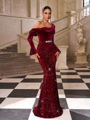 Burgundy Sequin One-Shoulder Mermaid Formal Dress SL30183