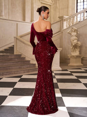 Burgundy Sequin One-Shoulder Mermaid Formal Dress SL30183