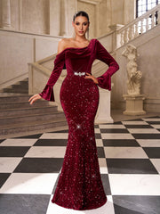 Burgundy Sequin One-Shoulder Mermaid Formal Dress SL30183