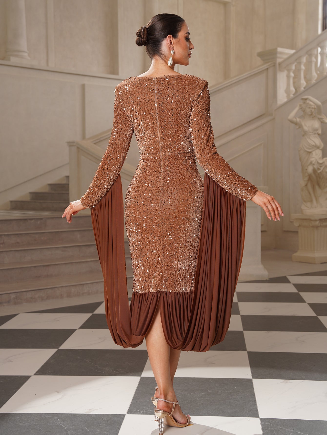Clarissa Flowy Draped Sequin Cocktail Dress
