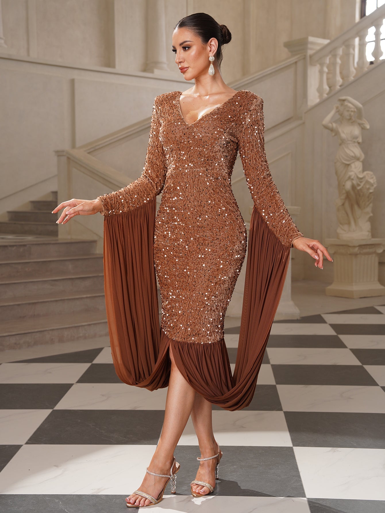 Clarissa Flowy Draped Sequin Cocktail Dress