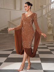 Clarissa Flowy Draped Sequin Cocktail Dress