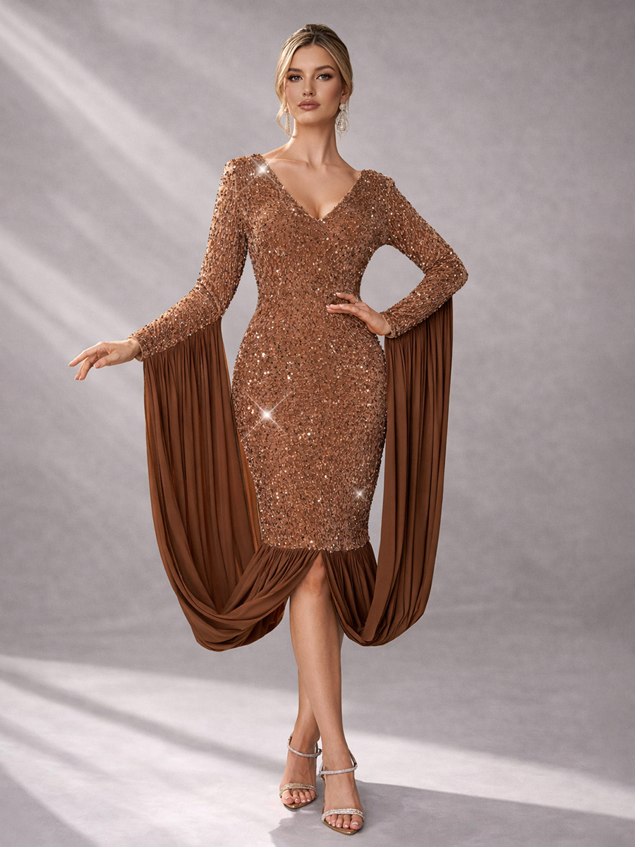 Clarissa Flowy Draped Sequin Cocktail Dress