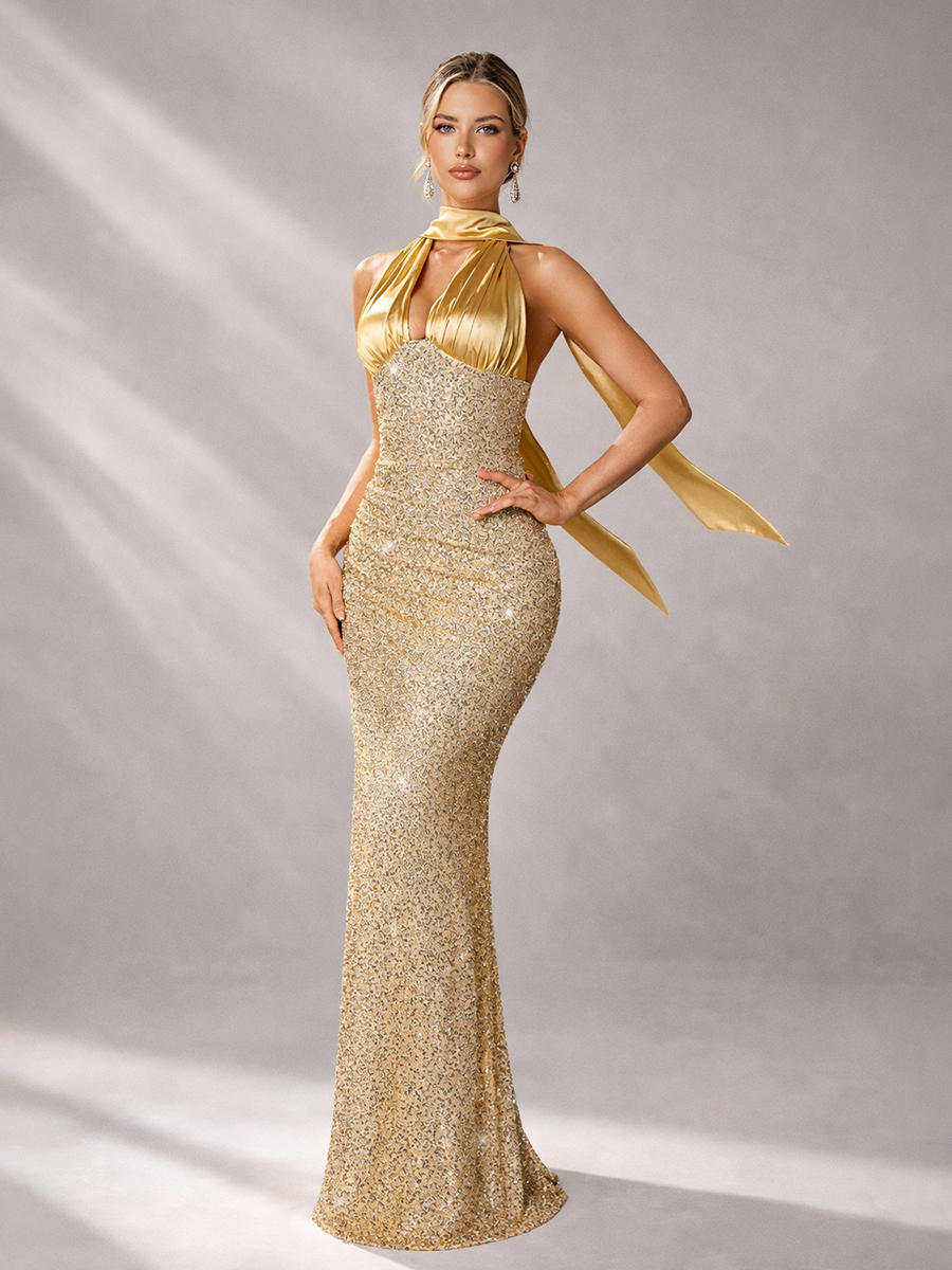 Gold Sequin Halter Backless Prom Dress SL30194