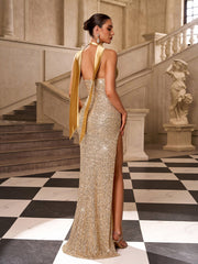 Gold Sequin Halter Backless Prom Dress SL30194