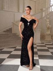 Elegant Off Shoulder Sequin Slit Formal Dress SL30195