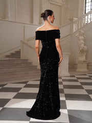 Elegant Off Shoulder Sequin Slit Formal Dress SL30195