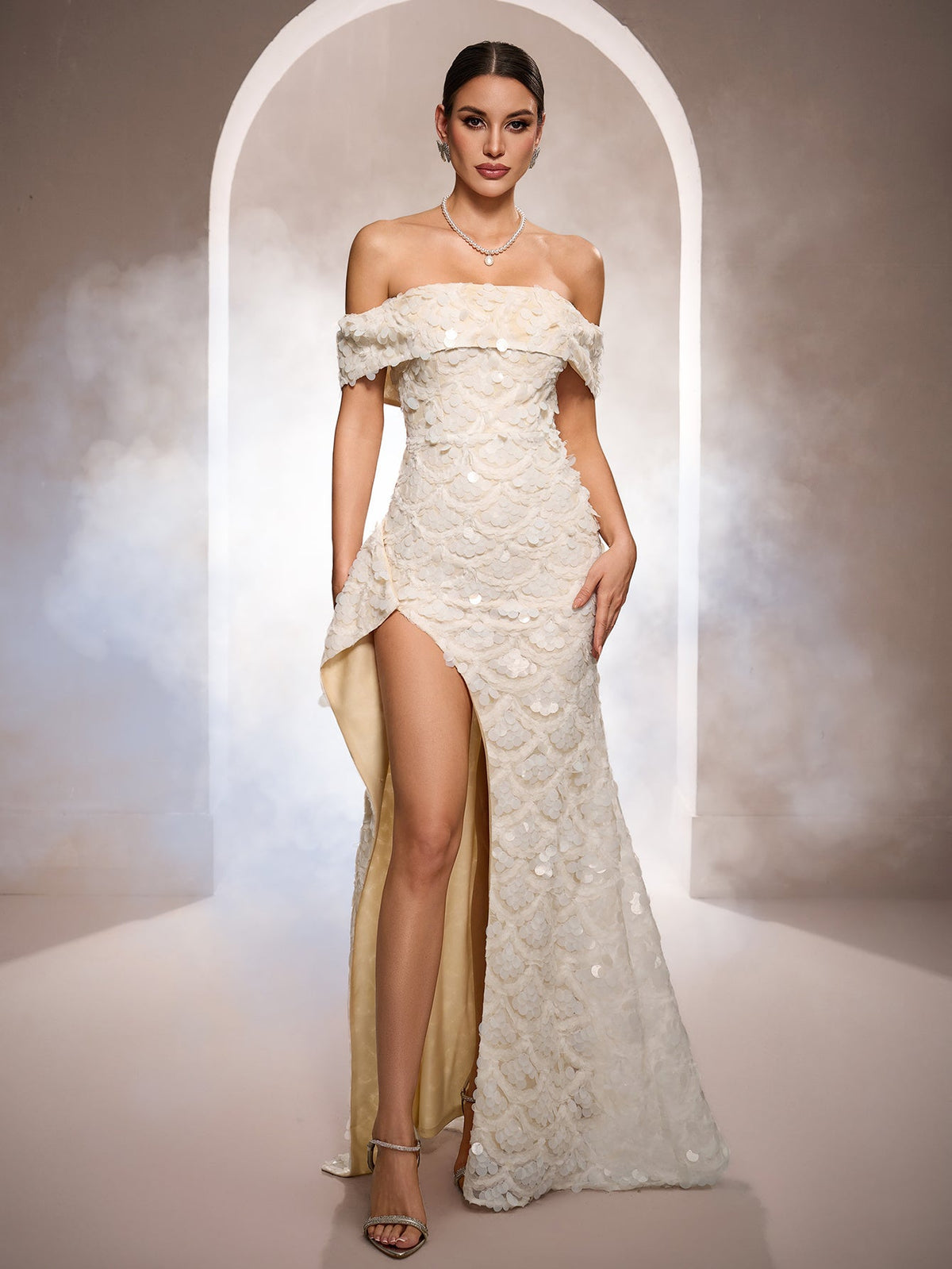 Luxe 3D Sequin Petal Off-Shoulder Evening Dress SL30210