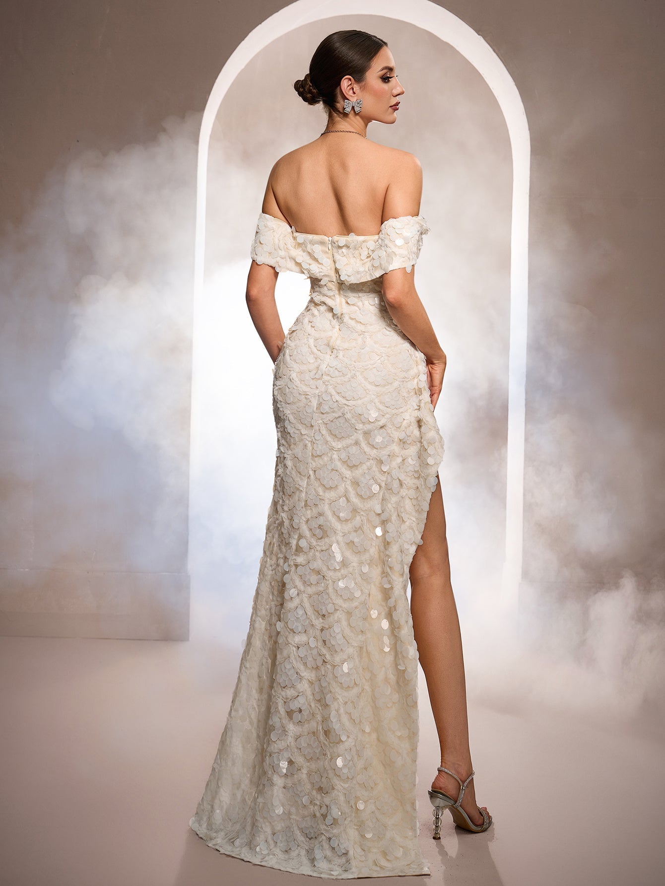 Luxe 3D Sequin Petal Off-Shoulder Evening Dress SL30210