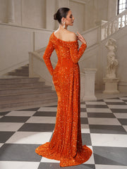 One Shoulder Sequin Long Sleeve Formal Dress SL30220