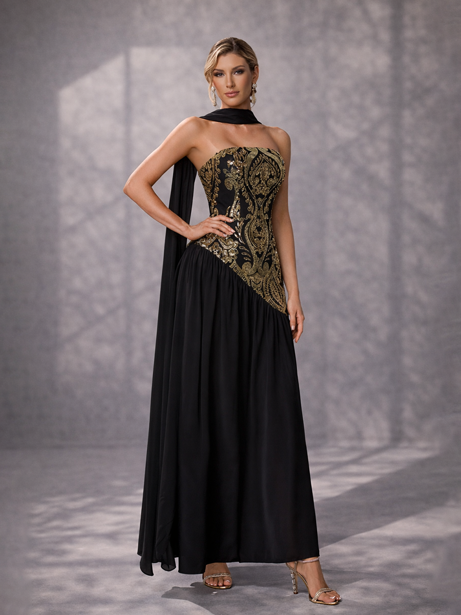 Black Gold Sequin Strapless Prom Dress with Scarf SL30237