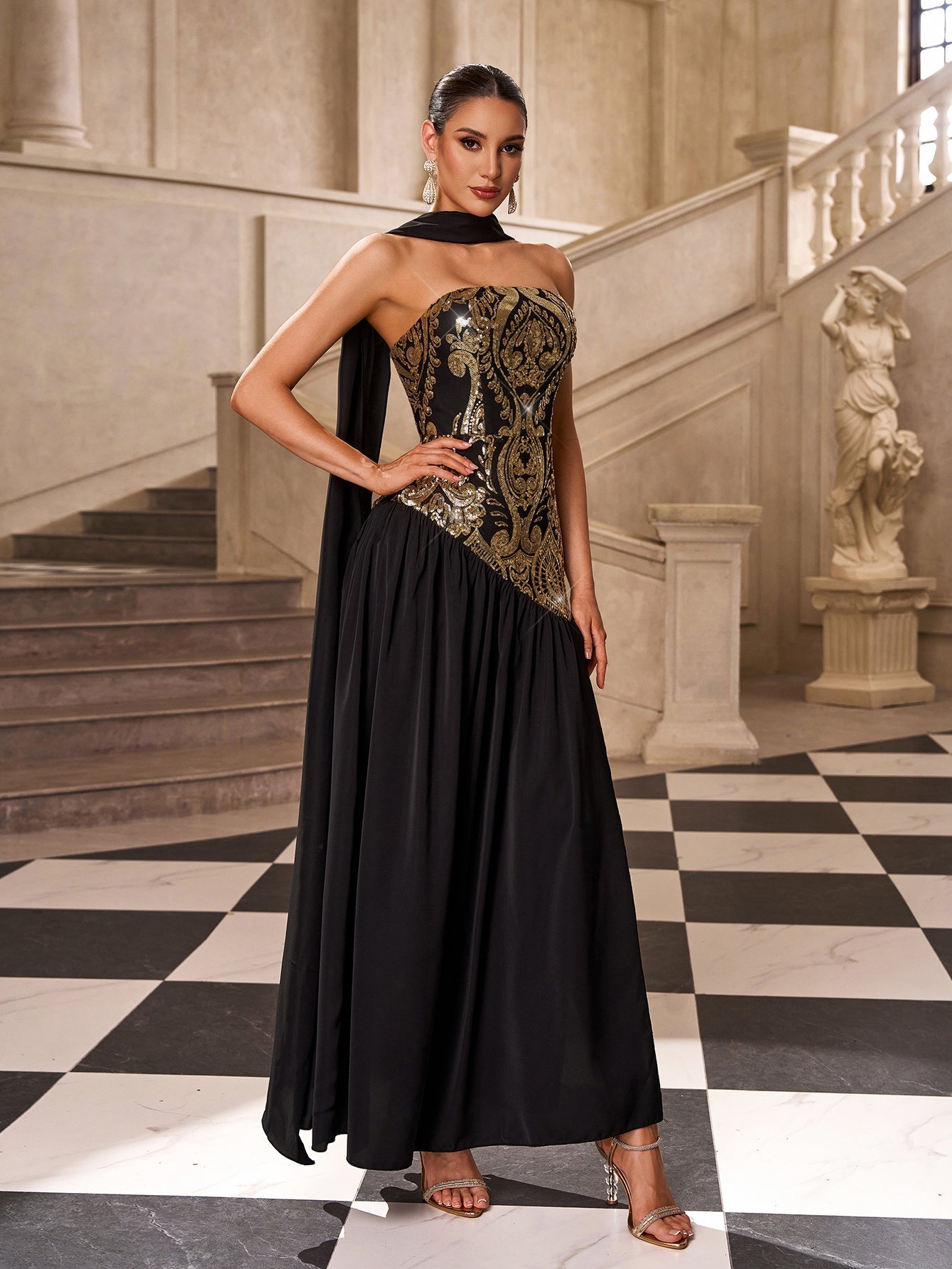 Black Gold Sequin Strapless Prom Dress with Scarf SL30237