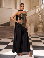 Black Gold Sequin Strapless Prom Dress with Scarf SL30237