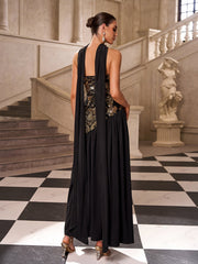 Black Gold Sequin Strapless Prom Dress with Scarf SL30237