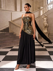Black Gold Sequin Strapless Prom Dress with Scarf SL30237