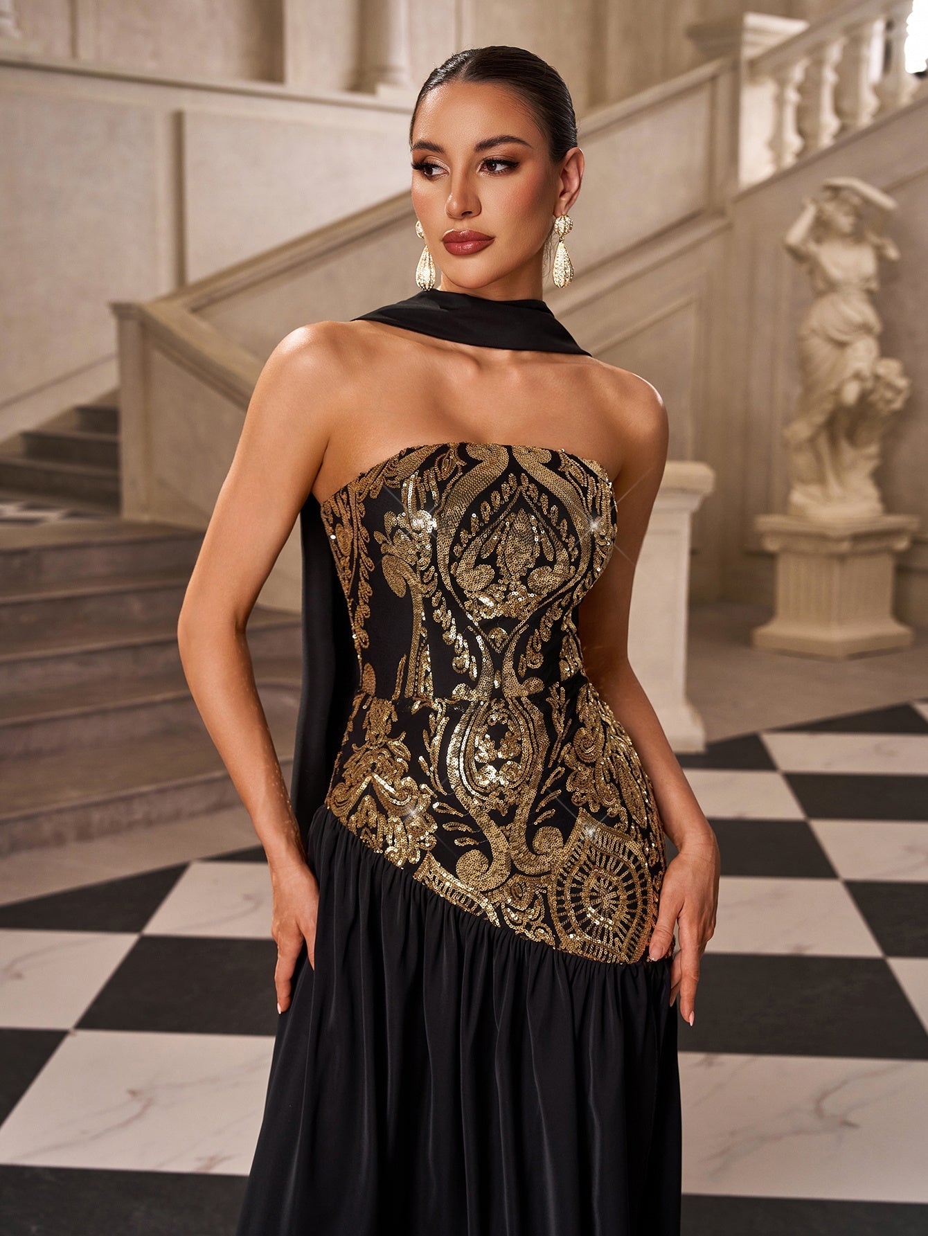 Black Gold Sequin Strapless Prom Dress with Scarf SL30237