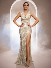 3D Sequin Petal Halter Mermaid Luxe Formal Dress SL30254