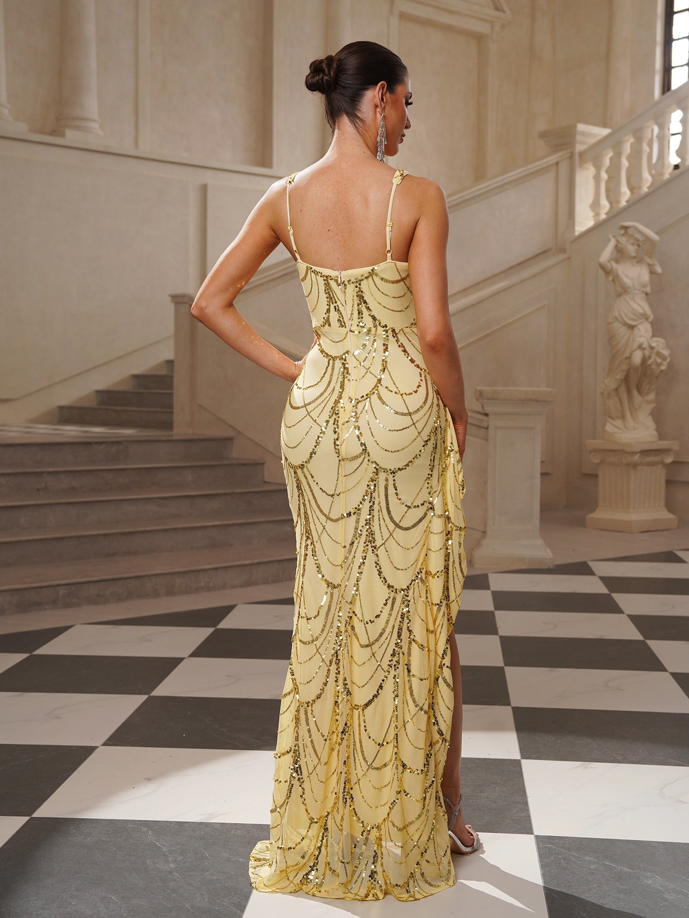 Wyatt Yellow Sequin Ripple Split Cocktail Dress