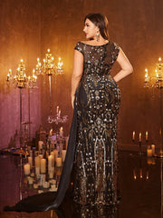 Plus Gold Floral Sequin Draped Cocktail Dress PSL30281