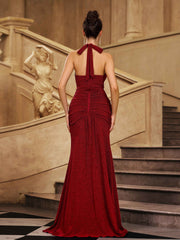 Burgundy Plunge Halter Mermaid Evening Dress ST59001