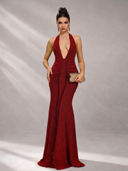 Burgundy Plunge Halter Mermaid Evening Dress ST59001