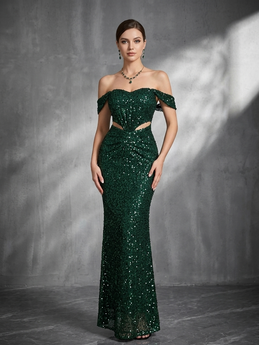 Green Off Shoulder Sequin Mermaid Formal Dress ST59030