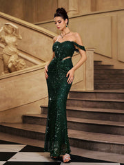 Green Off Shoulder Sequin Mermaid Formal Dress ST59030
