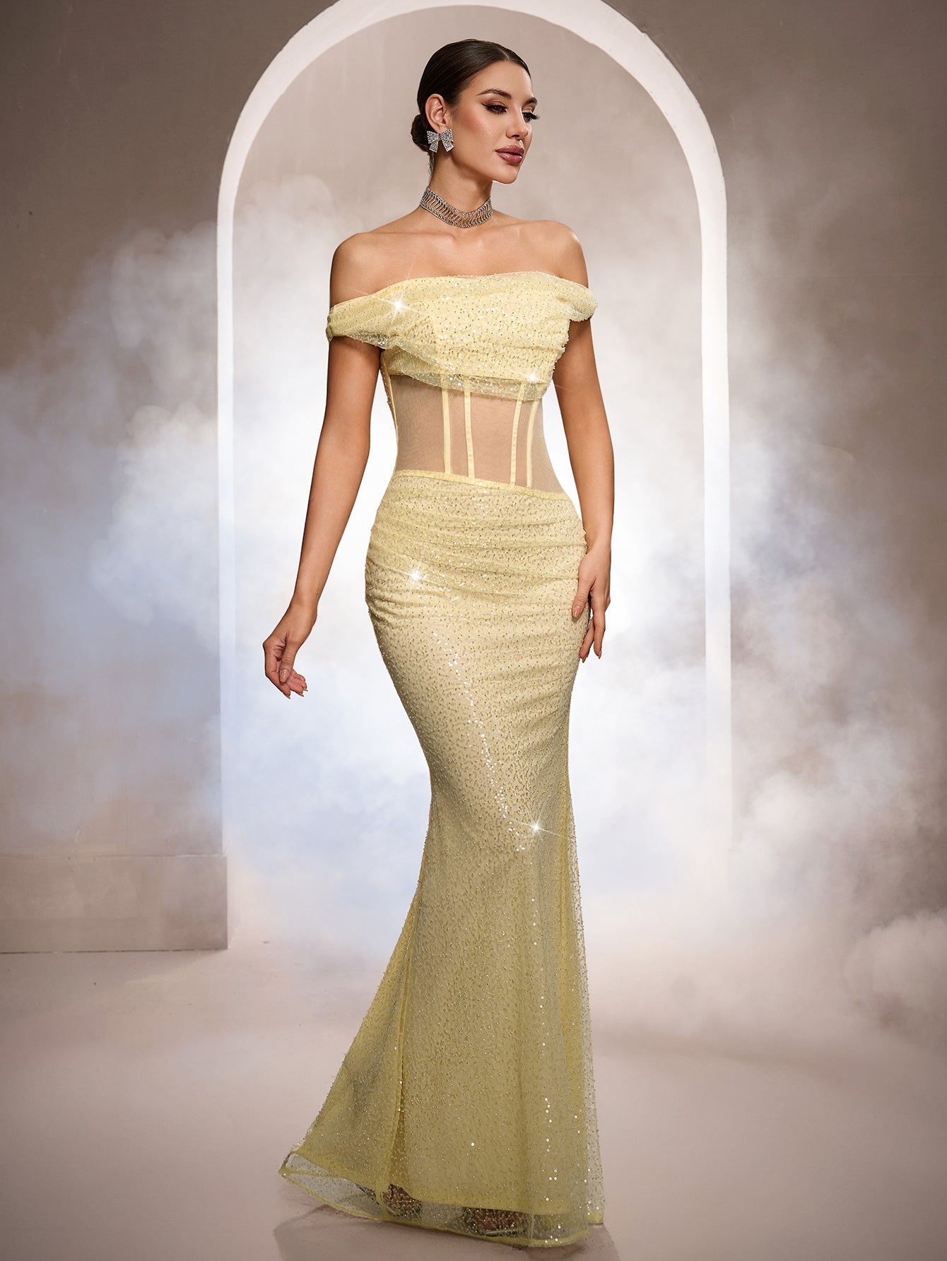 Off Shoulder Corset Sequin Prom Dress ST59102