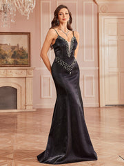 Pearl-Embellished Spaghetti Evening Dress ST59116