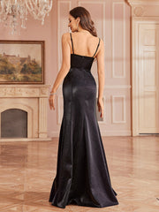 Pearl-Embellished Spaghetti Evening Dress ST59116