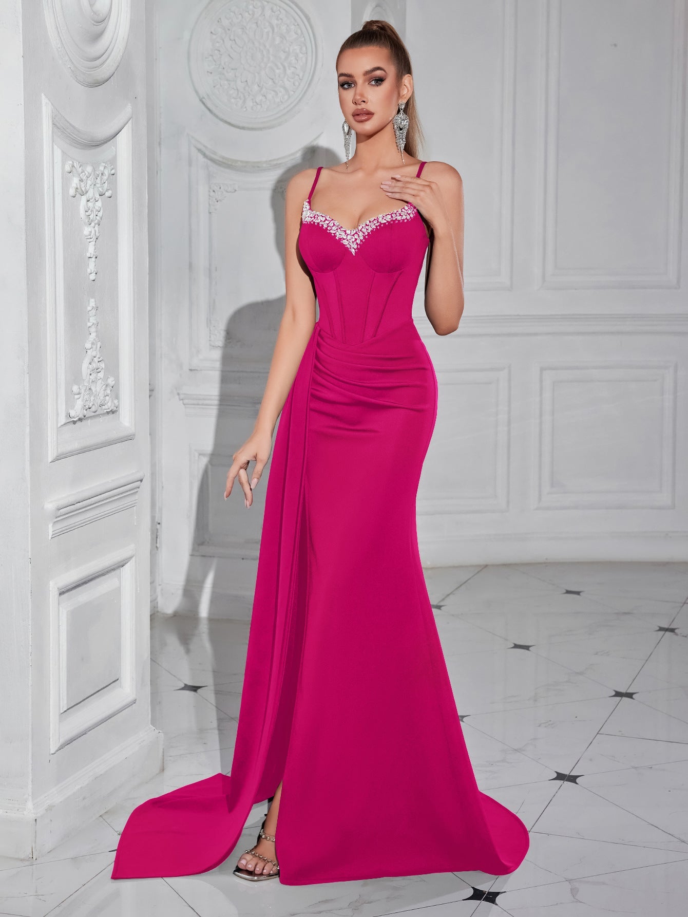 Navy Sweetheart Neck Corset Split Evening Dress XF05703