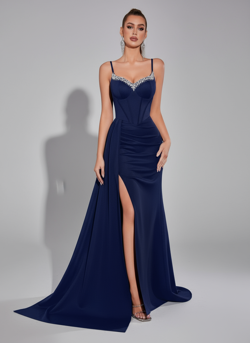 Navy Sweetheart Neck Corset Split Evening Dress XF05703