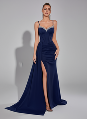 Navy Sweetheart Neck Corset Split Evening Dress XF05703