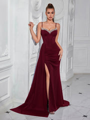 Navy Sweetheart Neck Corset Split Evening Dress XF05703
