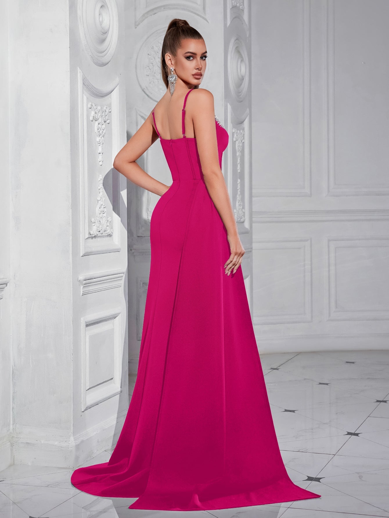 Navy Sweetheart Neck Corset Split Evening Dress XF05703