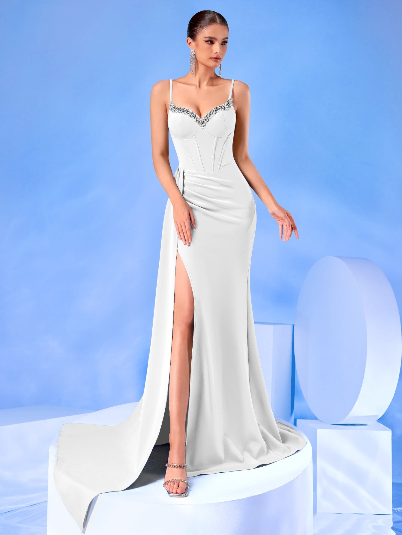 Navy Sweetheart Neck Corset Split Evening Dress XF05703