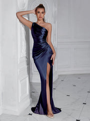 One Shoulder Ruched Split Satin Prom Dress XF05707