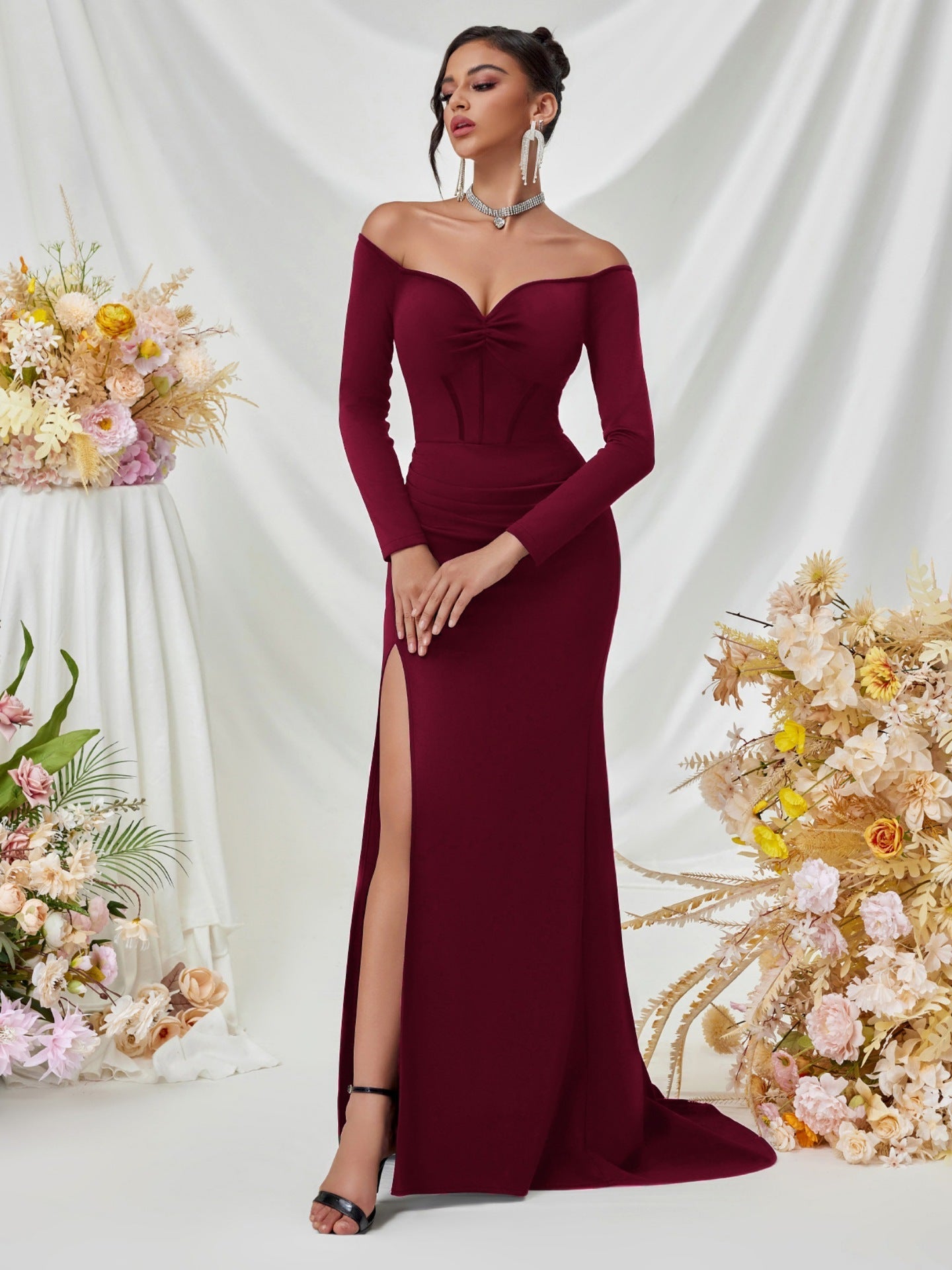 Off Shoulder Long Sleeve Corset Elegant Prom Dress XF05708