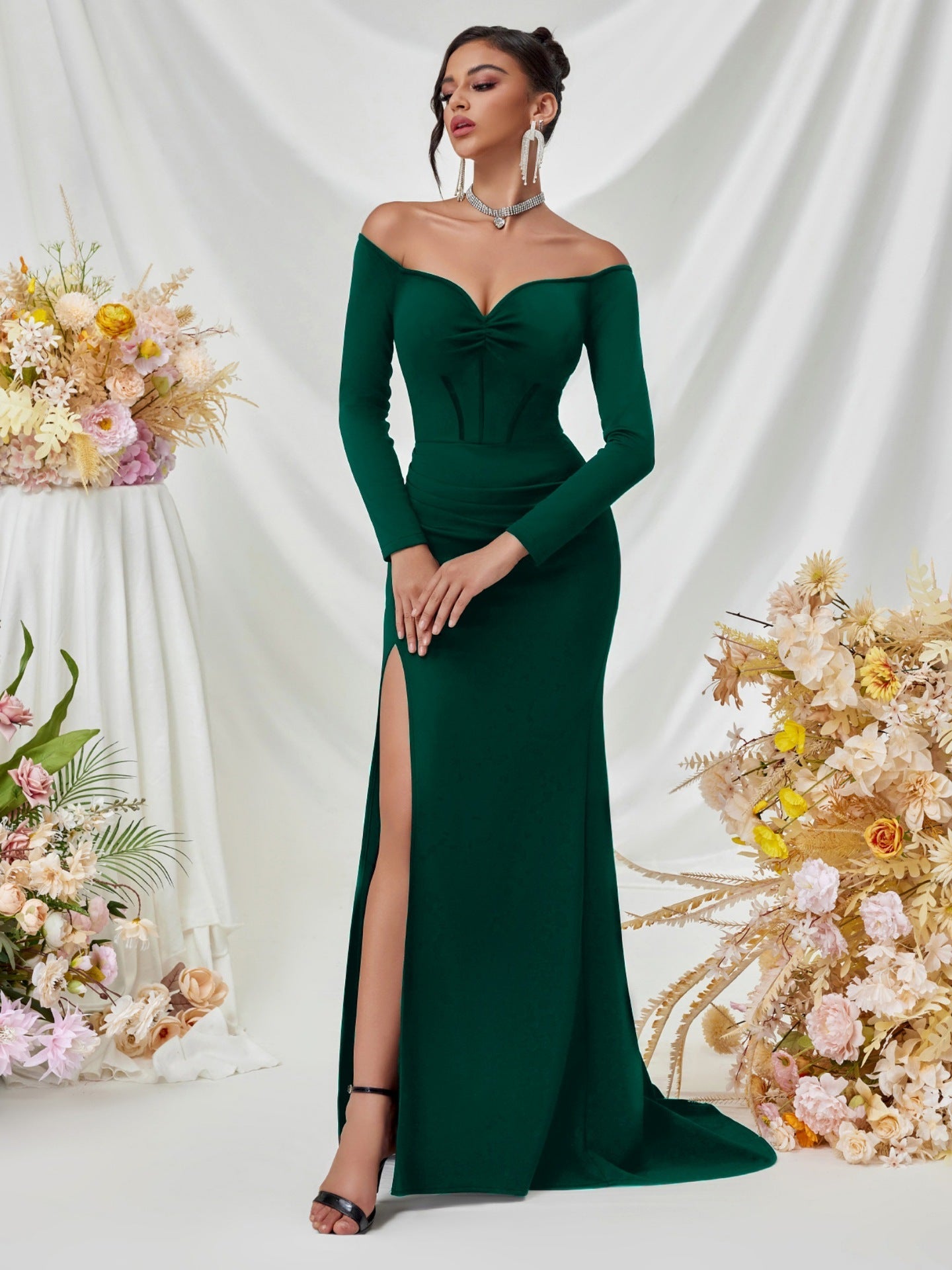 Off Shoulder Long Sleeve Corset Elegant Prom Dress XF05708
