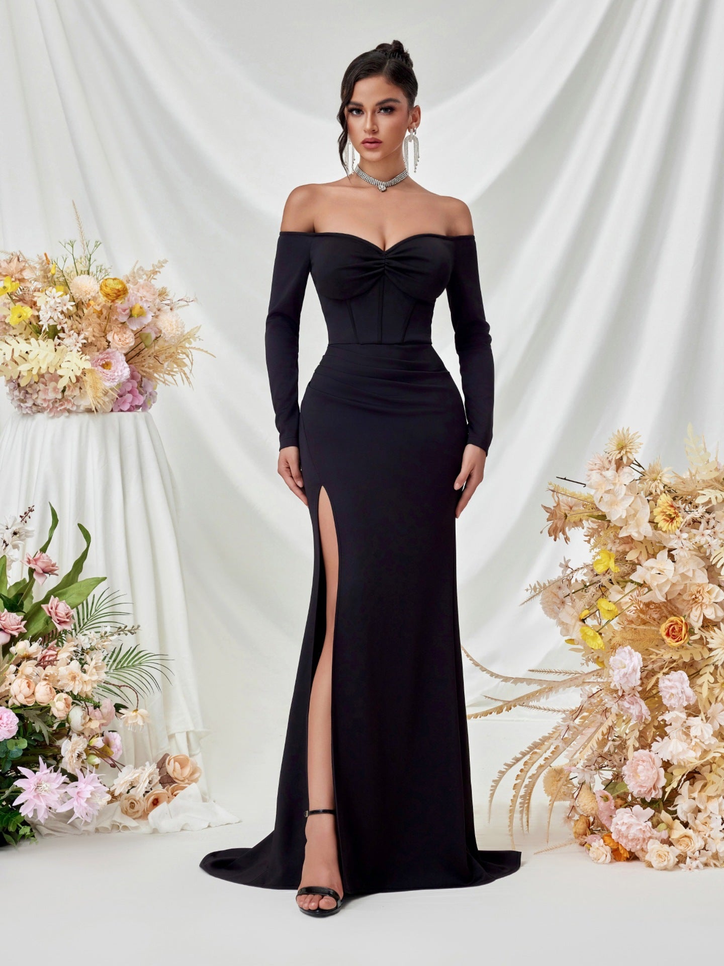 Off Shoulder Long Sleeve Corset Elegant Prom Dress XF05708