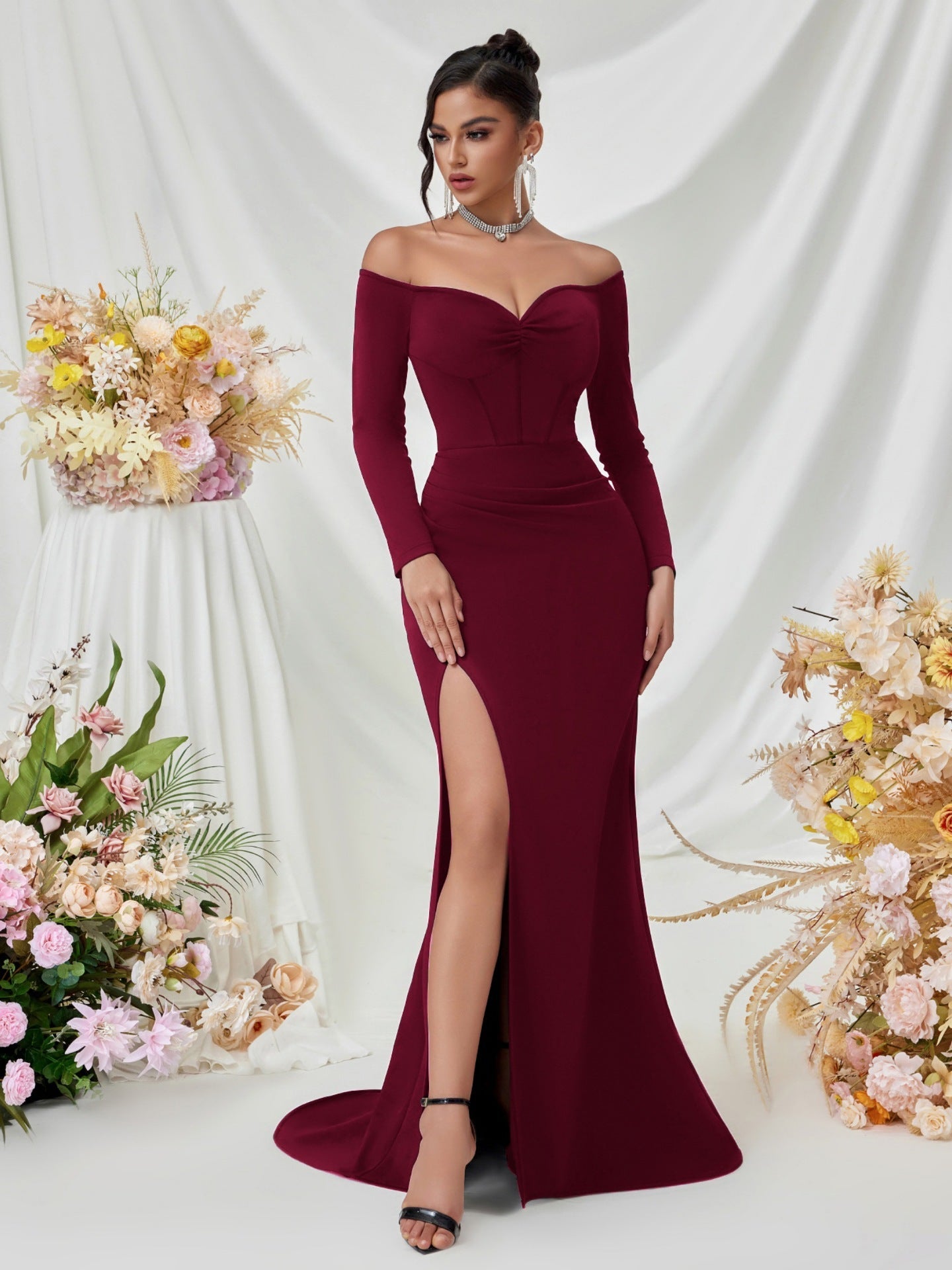 Off Shoulder Long Sleeve Corset Elegant Prom Dress XF05708