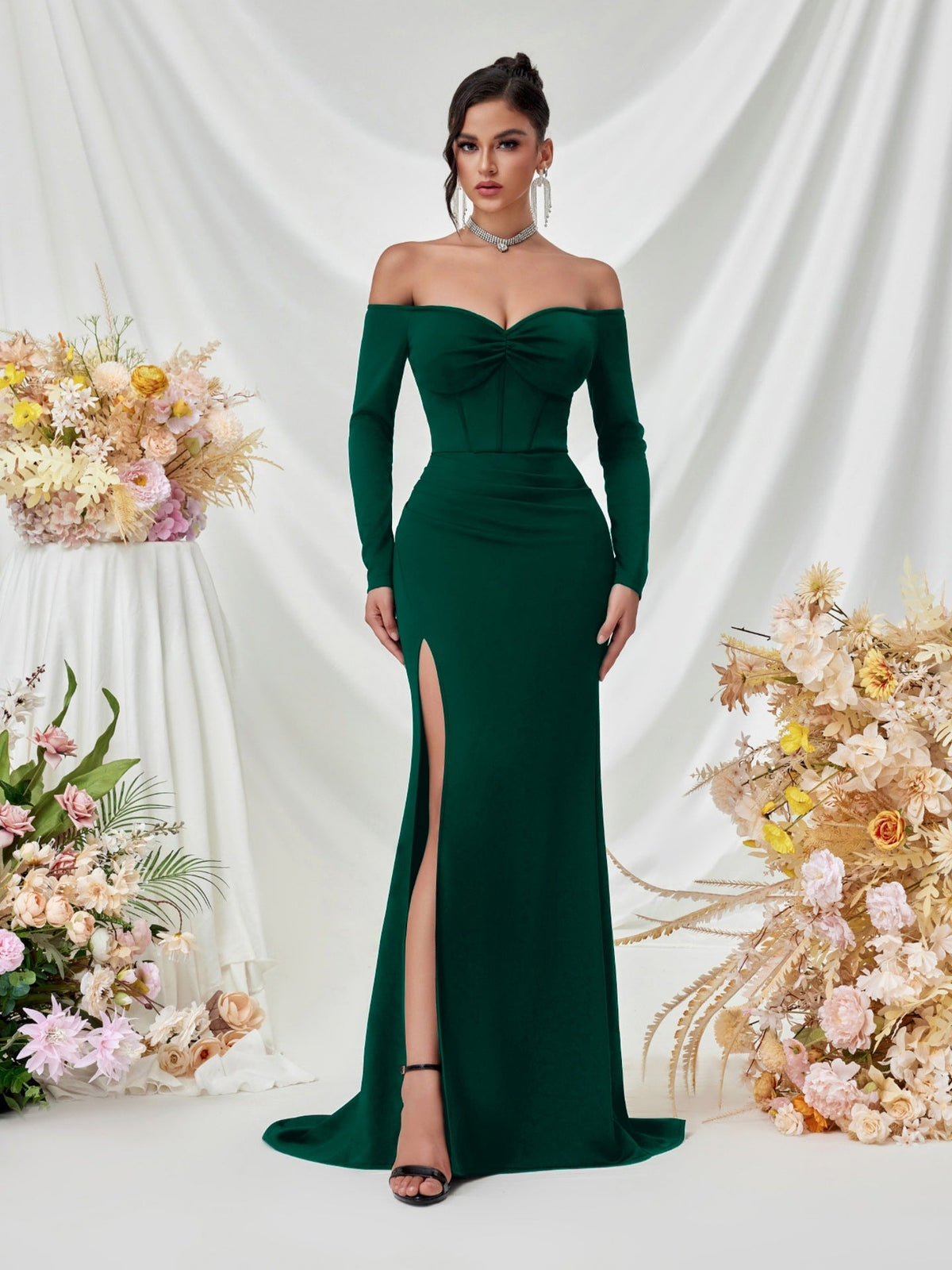 Off Shoulder Long Sleeve Corset Elegant Prom Dress XF05708